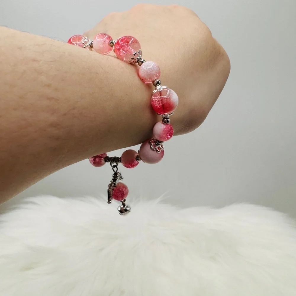 Pink  Beaded w/ Angel Charm Bracelet - Small wrists